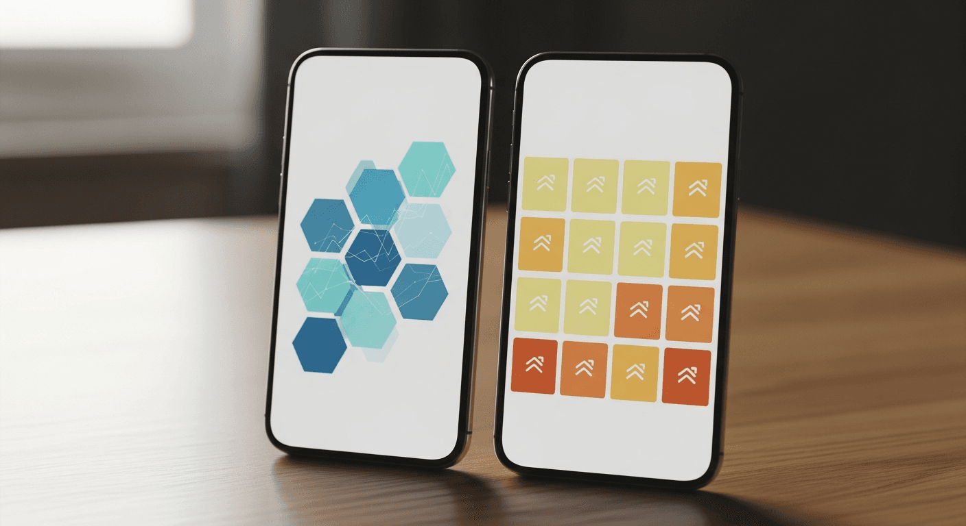 Deux téléphones côte à côte affichant des interfaces d'applications bancaires professionnelles sur un bureau en bois clair