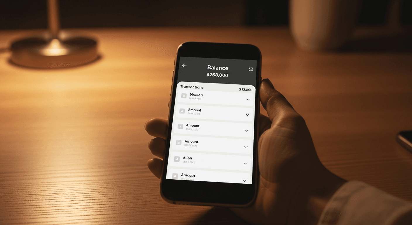 Smartphone affichant une interface de compte bancaire pro, posé sur un bureau en bois clair